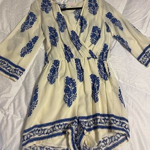 Blue and white patterned romper